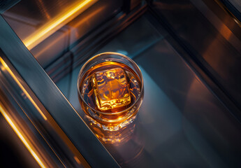 Szklanka whisky z lodem w eleganckim otoczeniu.