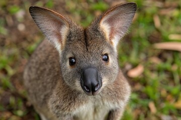 Fototapeta premium A close-up shot of a small kangaroo sitting on the grass, natural setting
