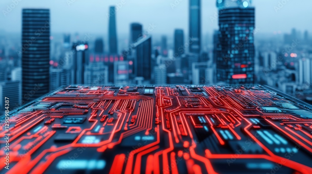 Poster circuit board design featuring a city skyline in the background for innovation
