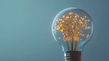 Glowing light bulb with neural network inside, symbolizing artificial intelligence innovation, creativity, and futuristic technology on a blue background with vibrant digital elements.