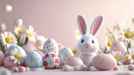 Easter card in pastel colors: cute bunny and colorful Easter eggs and flowers on pink background