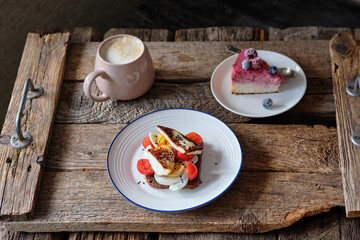 rye bread toast with cherry tomatoes, fried cheese, mozzarella 