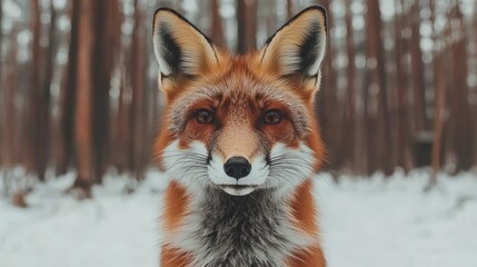 Fototapeta premium Close-up View of a Red Fox in a Snowy Forest Setting During Winter Season