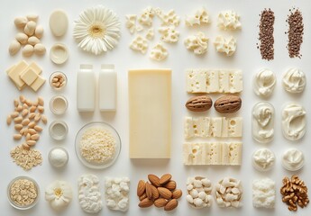 Aesthetic Collection of White and Cream Ingredients and Items Displayed on a White Background Perfect for Food Photography and Culinary Art