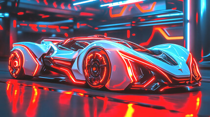 Futuristic White Sports Car with Red Neon Lights in a Modern Garage