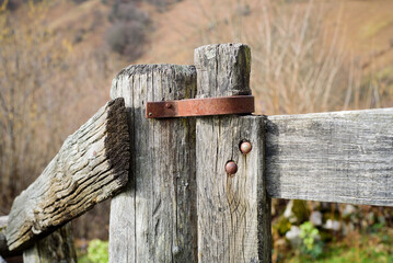 Cancela oxidada en puerta rústica de finca en el monte