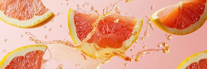 Flying grapefruit slices with juice splashes on Soft Pink Background