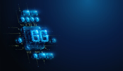 Low Poly 6G Wireless Mobile Network Hardware Chip. Abstract geometric illustration depicting 6th generation communication hardware technology concept by wireframe mesh on blue background
