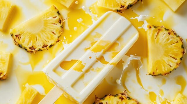 Delicious pineapple slices and popsicle on white surface