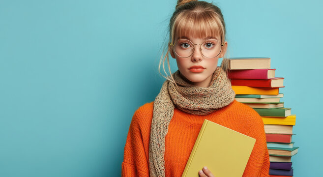 Young woman wearing glasses and an orange sweater stands with a book in hand in front of a vibrant bookshelf, showcasing her thoughtful expression