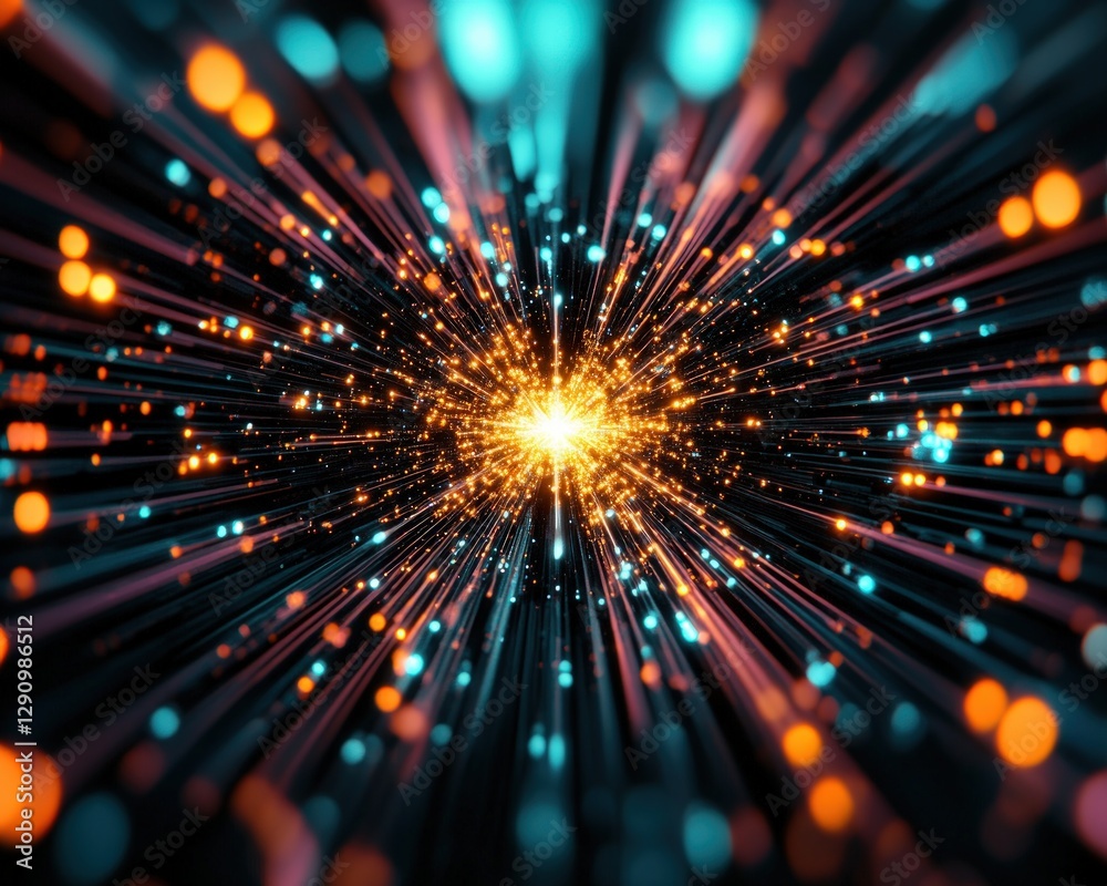 Poster vibrant explosion of light rays and colorful particles in dark background