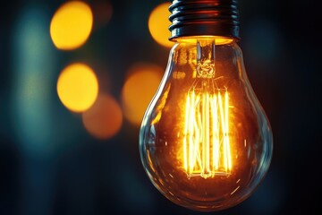 A single light bulb shines brightly in darkness