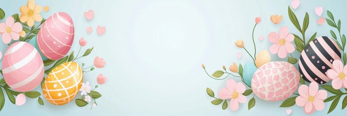 easter card banner with colorful pastel colored eggs with text "happy easter"