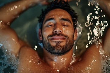 A man enjoying a luxurious bubble bath, relaxed and stress-free, dim candlelight