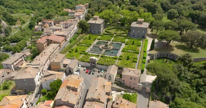 Aerial view of Villa Lante, one of the most famous Italian Mannerist surprise gardens. It is located in Bagnaia, in the province of Viterbo, Italy.