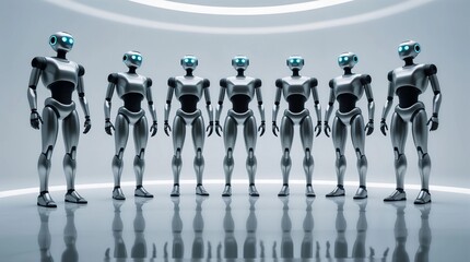 A line of modern robots, embodying the future of technology and artificial intelligence.