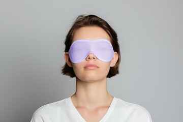  Woman with eye mask for sleep isolated on gray background
