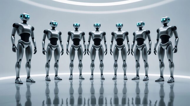 A line of modern robots, embodying the future of technology and artificial intelligence.