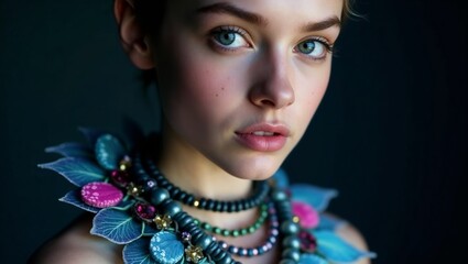 Fototapeta premium Close-up portrait of a young model with an intricate multicolored necklace against a dark gradient background