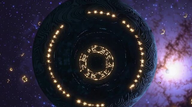 Ancient cosmic entity larger than a planet, lying dormant in the void with glowing inscriptions and orbiting celestial debris in deep space.

