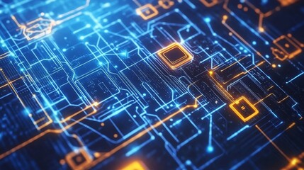 Glowing microchip on abstract blue circuit board background, representing digital technology, artificial intelligence, and futuristic computing in a dark color scheme.