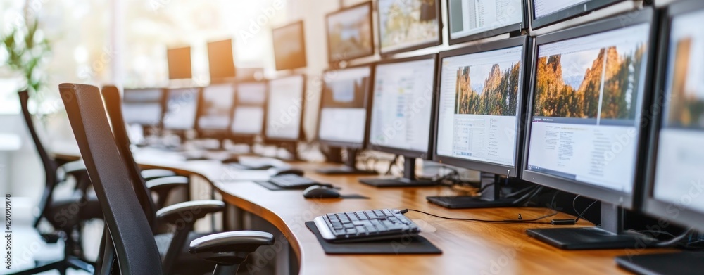 Poster Modern Office Workspace with Multiple Computer Monitors and Ergonomic Chairs