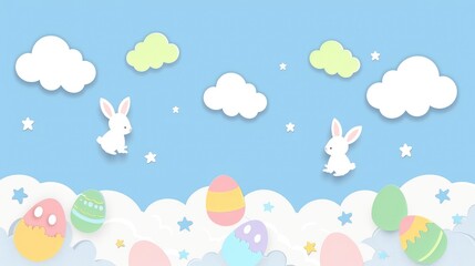 Naklejka premium Easter eggs, rabbits, and clouds in pastel colors on blue background. Flat design, paper cut style. Perfect for ads, social media, web design, or greeting cards.
