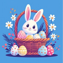 Easter card in pastel colors: cute bunny and colorful Easter eggs and flowers on blue background