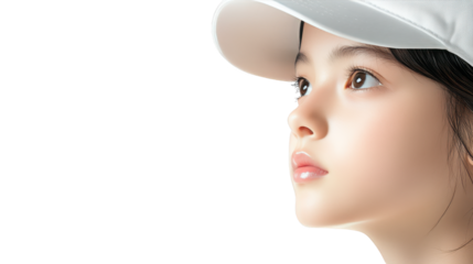 Woman in white hat gazing upwards at the sky, a portrait of hope and serenity