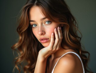 Fototapeta premium Portrait of beautiful young woman gently touching face with hand