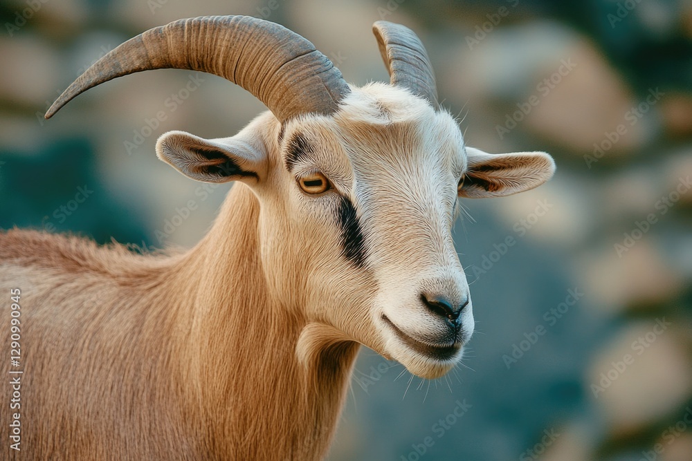 Poster a close-up shot of a goat with large horns, suitable for use in nature or wildlife related contexts