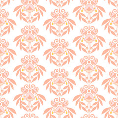 Seamless pattern with painted birds, floral motif, soft paper texture