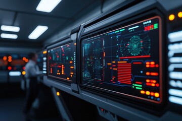 Fototapeta premium Futuristic control room displays vibrant screens with intricate