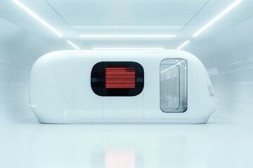 Sleek futuristic pod with glowing red accents in sterile white e