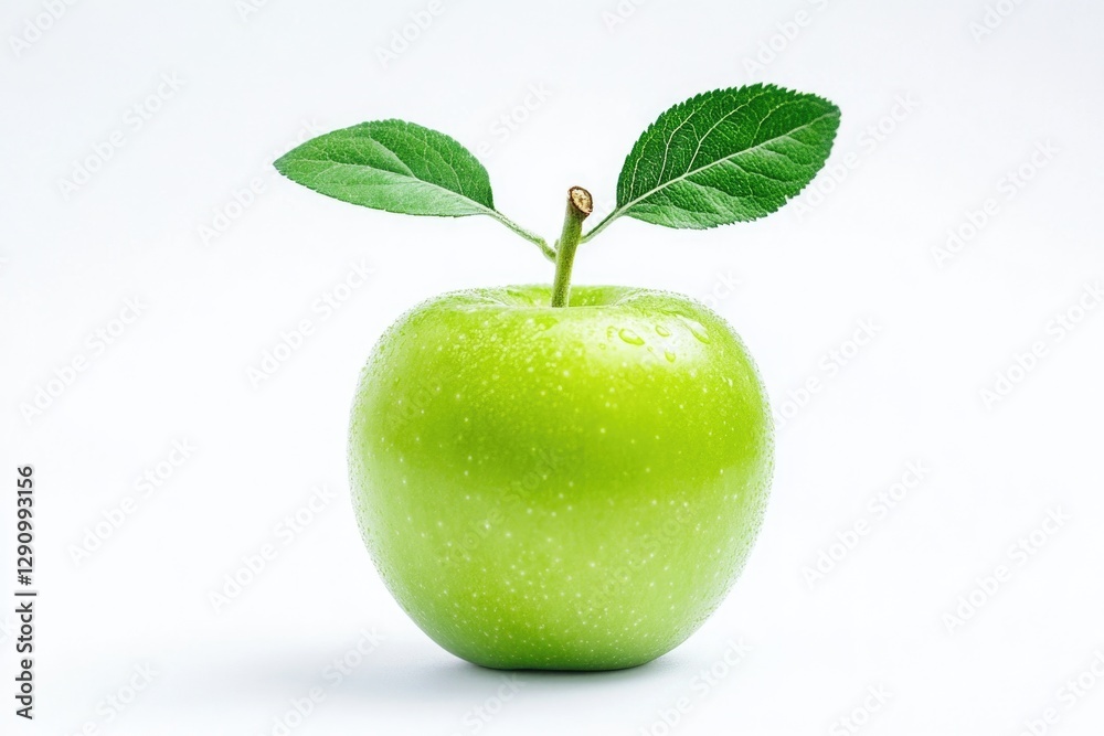 Poster a fresh green apple with a leaf stuck in it