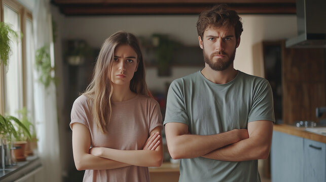 Portrait of young frustrated upset husband standing with his arms crossed and ignoring his wife. Upset young family couple having relationship problems, standing in silence in room after quarrel.