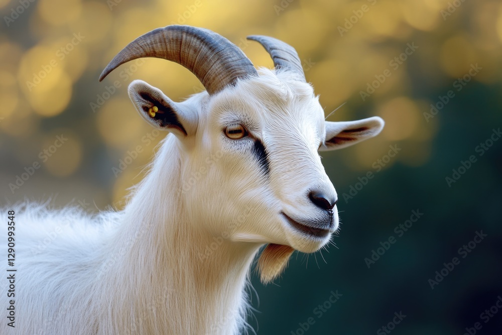 Poster a close-up shot of a goat with distinctive long horns, suitable for use in wildlife or farm-related 