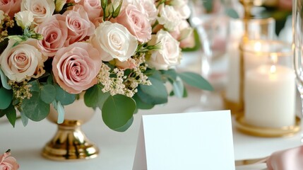 Obraz premium Beautiful Mother's Day table arrangement featuring pink and white roses with elegant candlelight decor in a cozy setting