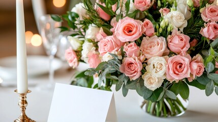 Obraz premium Beautiful Mothers Day table arrangement featuring pink and white roses with elegant candlelight