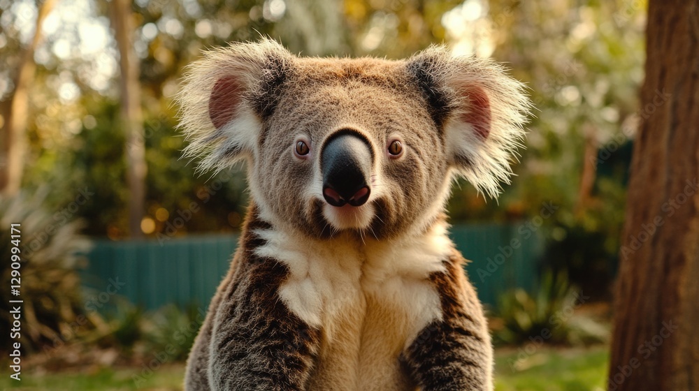 Poster a close-up view of a koala bear sitting on a tree branch, surrounded by leaves