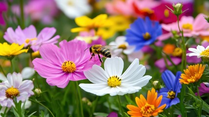 Obraz premium Bee collects nectar from vibrant flowers in a colorful garden blooming with diverse blossoms