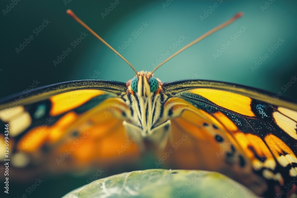 Poster close-up shot of a butterfly perched on a leaf, highlighting its delicate features