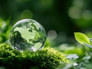 Glass globe on moss in a green background.