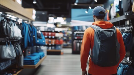 Thief alert at a sporting goods store, staff noticing suspicious shopper. Featuring quick response and product security