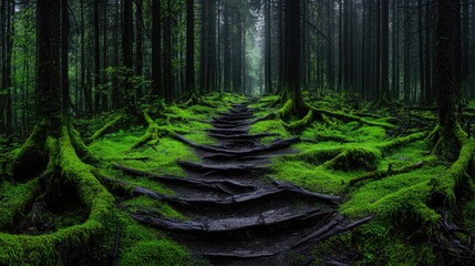 Mossy forest path, misty morning, nature walk, tranquil scene, serene