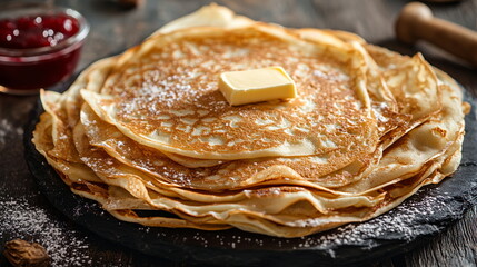 Crepes, panckakes with butter and jam, placed on a black stone plate. The crepes or blini. Horizontal banner for social media posts. 