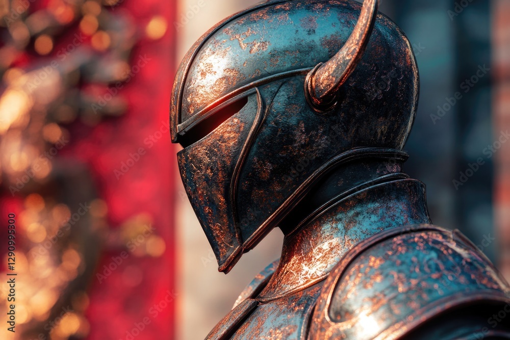 Poster close-up view of a helmet resting on the head or pedestal of a statue