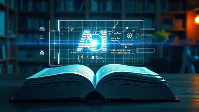 Open book displaying digital AI interface in a cozy library setting with warm lighting and bookshelves