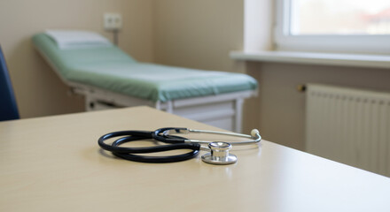 Stethoscope coiled on doctors desk exam room setting