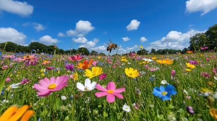 Obraz premium Bee gathers pollen on a vibrant daisy in a colorful wildflower field during a sunny day
